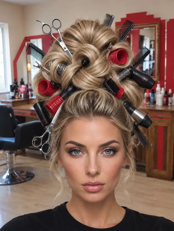 Illustration : chignon blond orné de ciseaux, peignes et bigoudis rouges