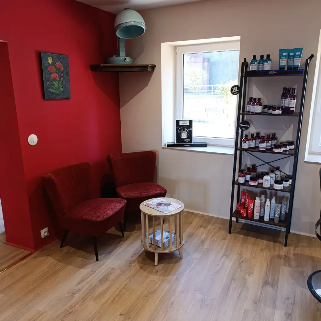 Le coin d’attente chaleureux du salon, fauteuils rouges et produits professionnels